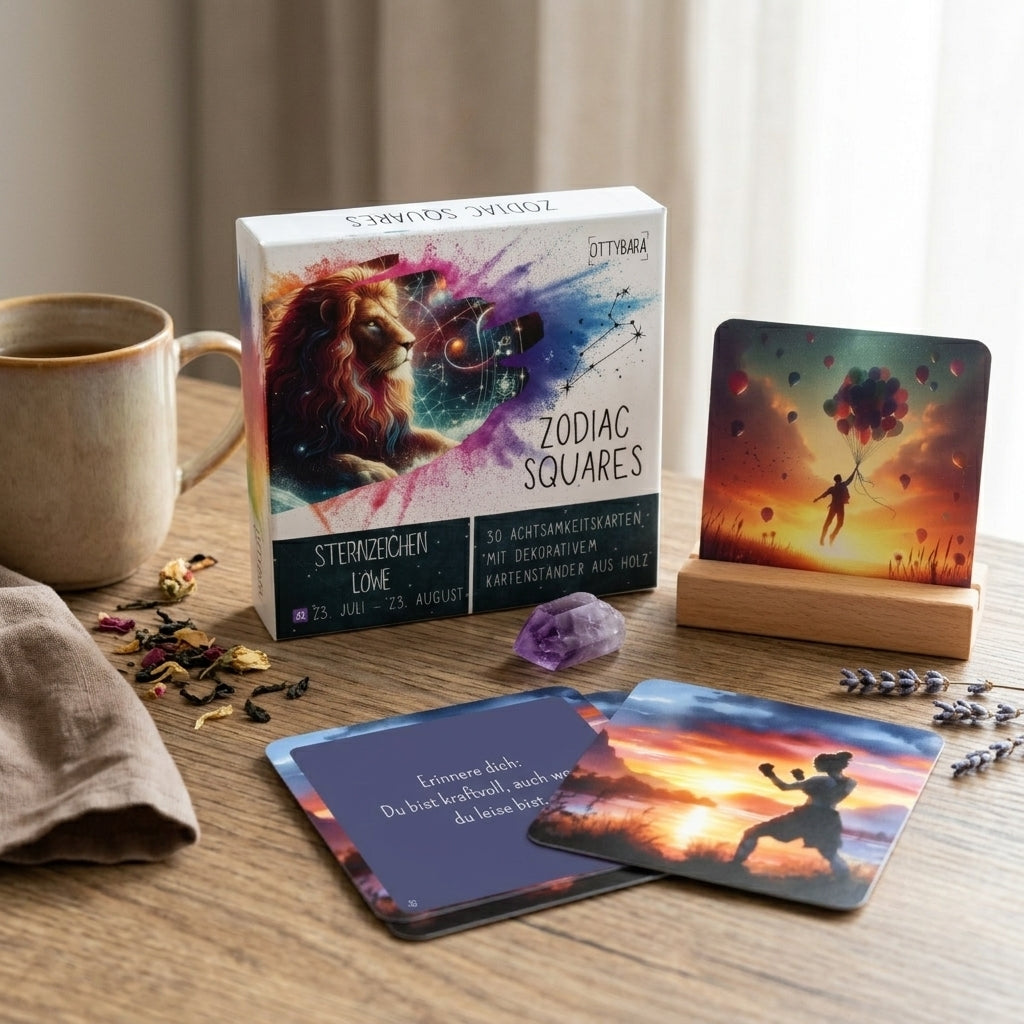 Zodiac Squares Affirmationskarten von Ottybara mit Kartenständer auf einem Tisch